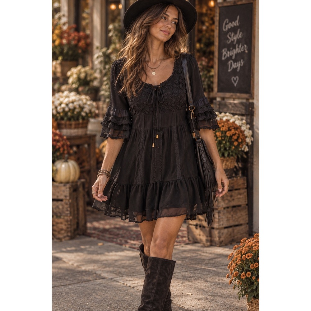 Anna-Kaci Black Lace Tiered Ruffle Mini Dress Small Cottagecore Gothic Smocked